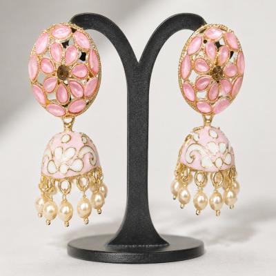 Pink Floral Kundan Jhumka Earrings