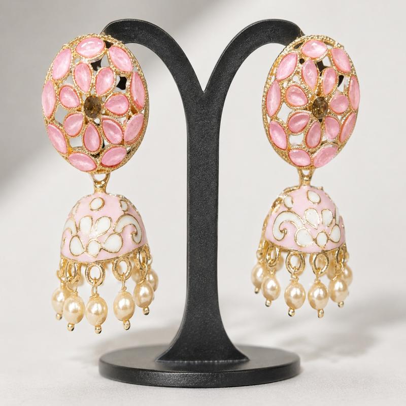 Pink Floral Kundan Jhumka Earrings