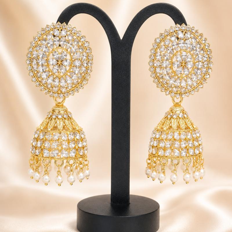 Golden Crystal Kundan Jhumka Earrings
